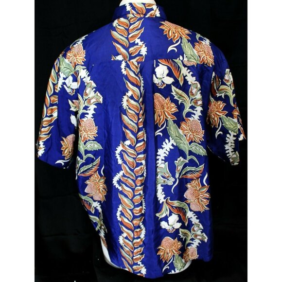 VTG 80s Hilo Hattie Men's Blue Shirt Size L Hawaiian Flowers Pocket 100% Silk - Picture 6 of 10